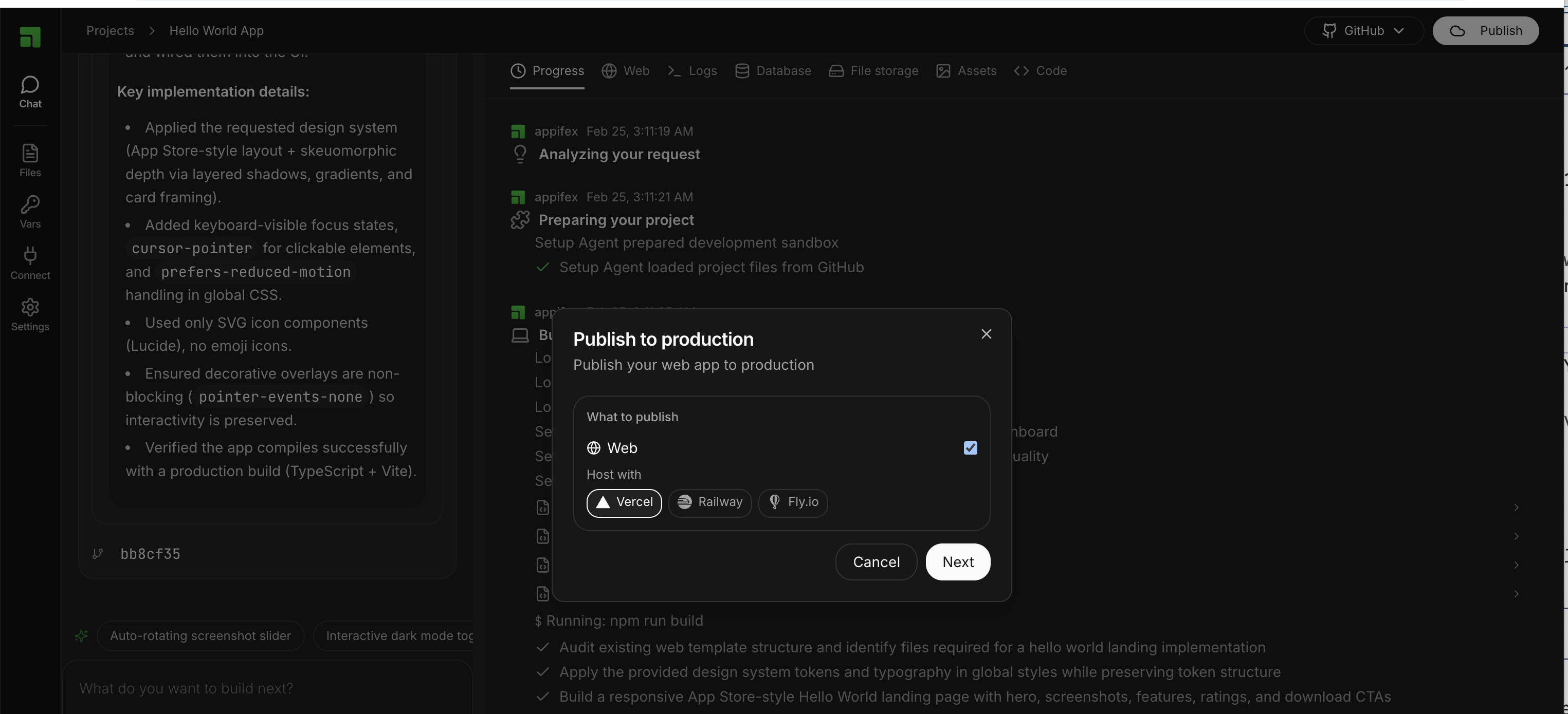 Appifex publish modal showing one-click deploy with Vercel, Railway, and Fly.io as hosting options