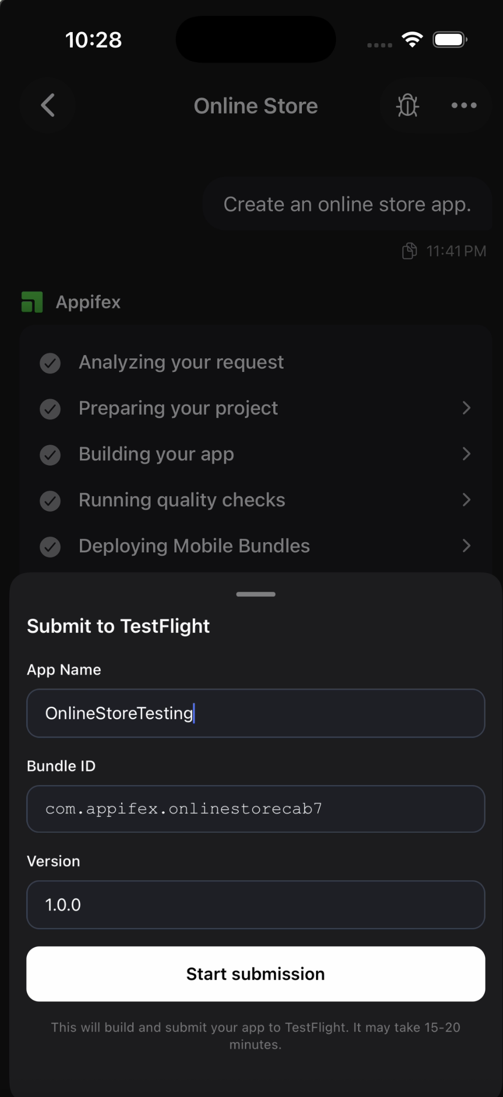 Appifex mobile app showing TestFlight submission flow with app name, bundle ID, and one-tap Start submission button